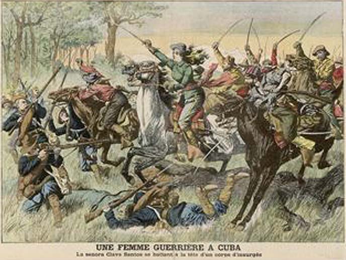 Artist unnamed. insurrection in cuba senora clara santos heroically leads a charge of rebel cavalr Right-clicked from www.allposters.com, used here for  educational, non-commercial purposes, free service by blog-use of image provided by and from said site.y. 