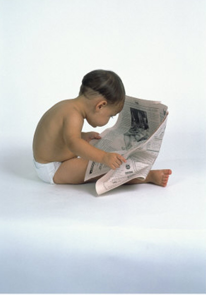 David Davis. Baby Reading Newspaper. Right-clicked from www.allposters.com, used here for  educational, non- commercial  purposes, free service by blog-use of image provided by and from said site.